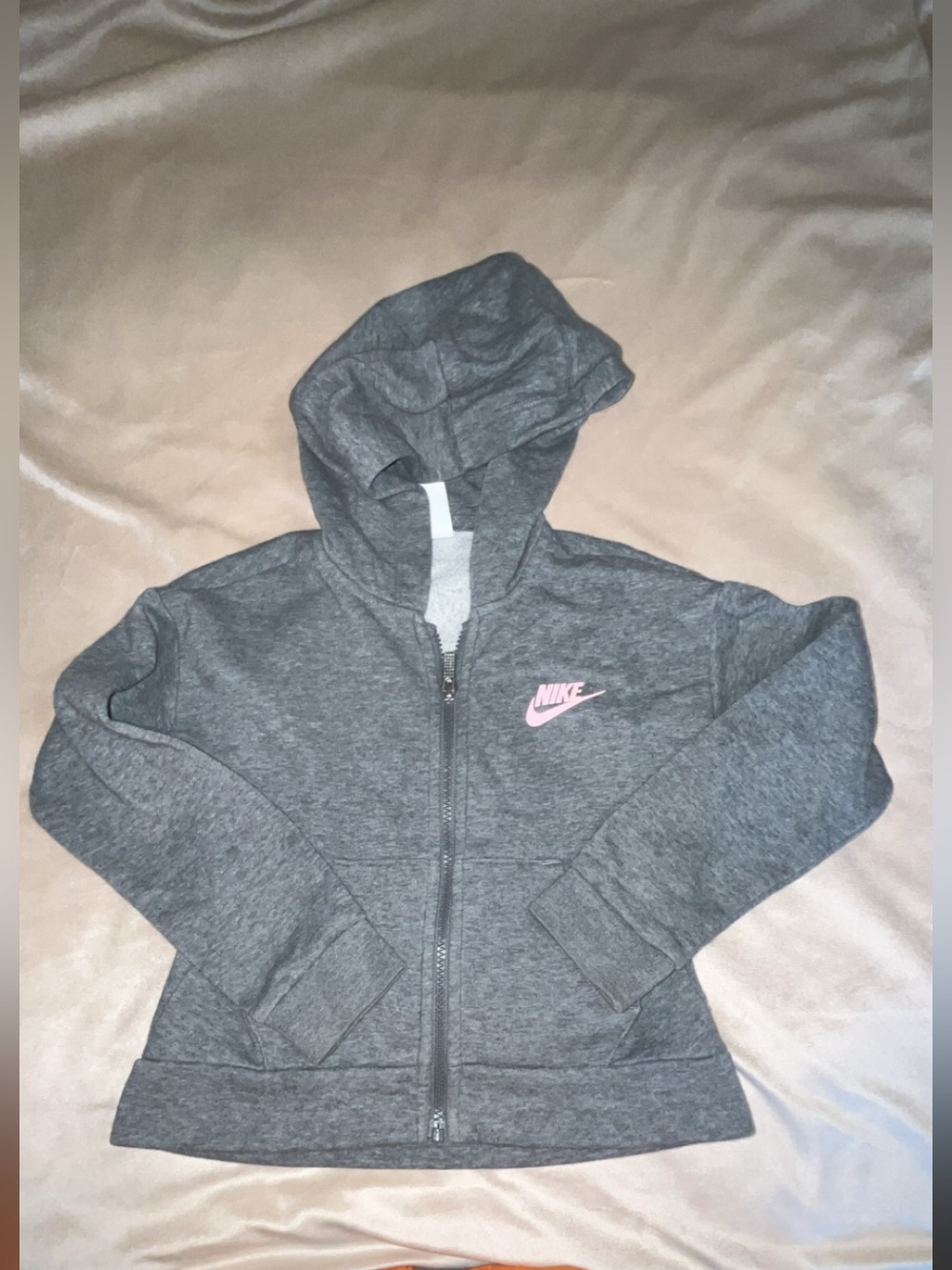 Nike Kids Thick Gray Hoodie with Pink Swoosh